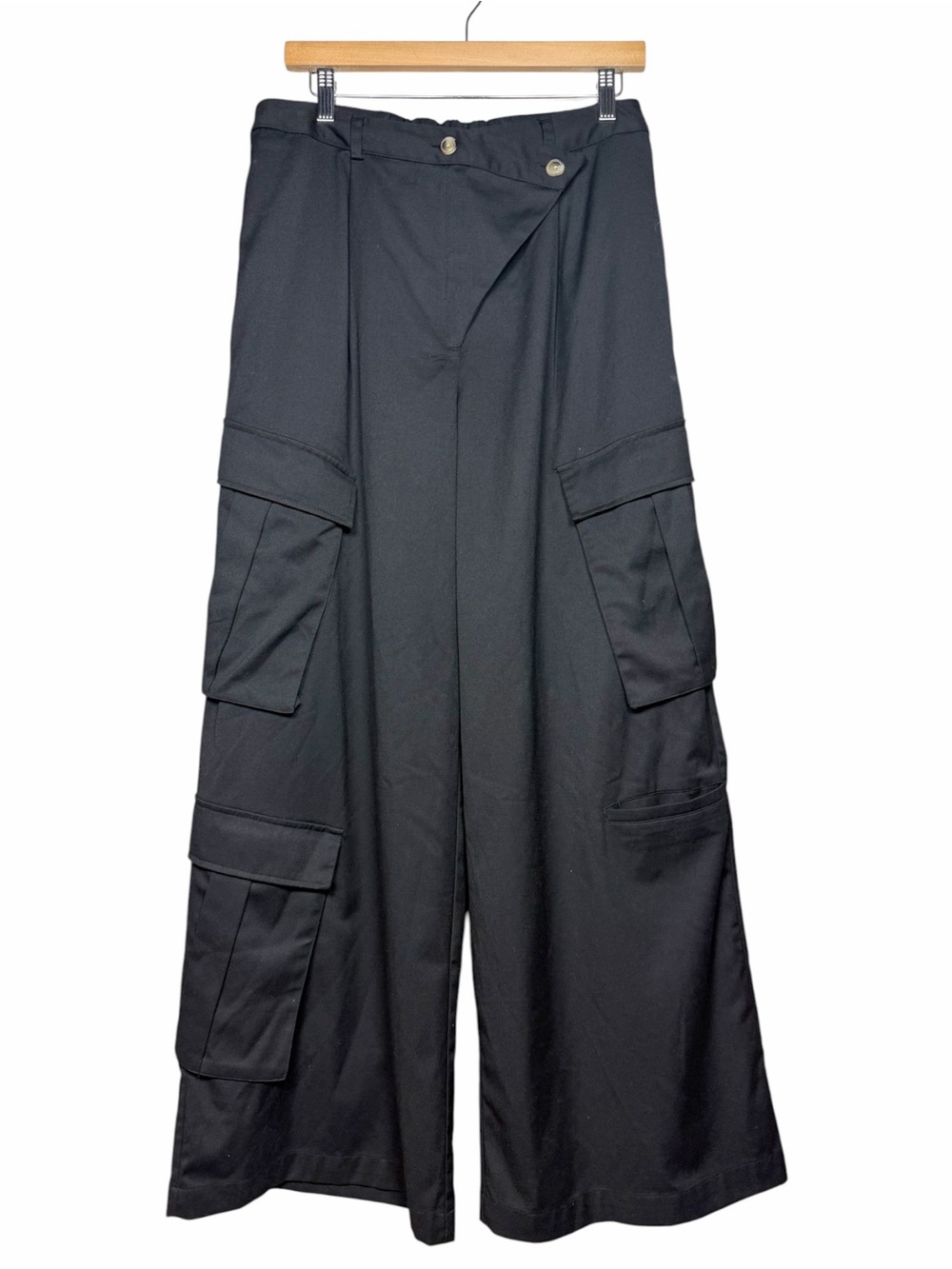 The Drop KarenBritChick Black Cargo Pants Asymmetrical Wide Leg M Utility - Picture 2 of 14